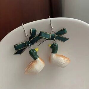 Vintage Cute Duck Earrings with Green Bows